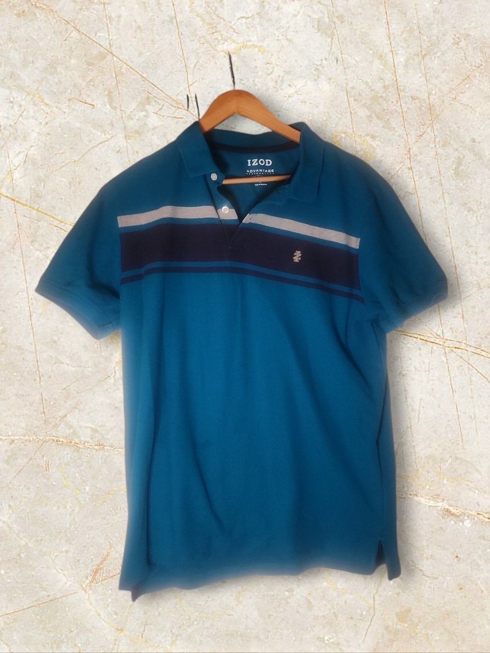 Izod Teal Polo with Navy and Light Gray Chest Stripes